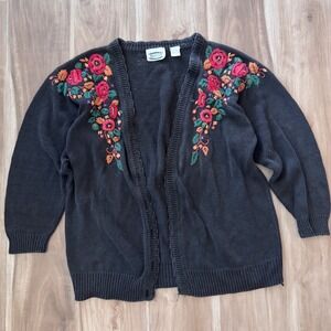 Vtg‎ Separate Issue Black Embroidered Floral Cardigan Sweater Women M b1